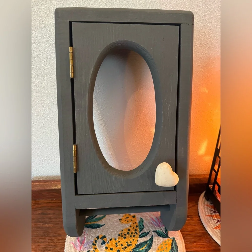 VTG Gray Wooden Cabinet Storage Center with Heart Detail Freshly Painted Dixie B
